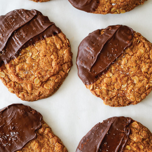 Browned Butter Anzac-Style Biscuits Dipped in Salted Chocolate